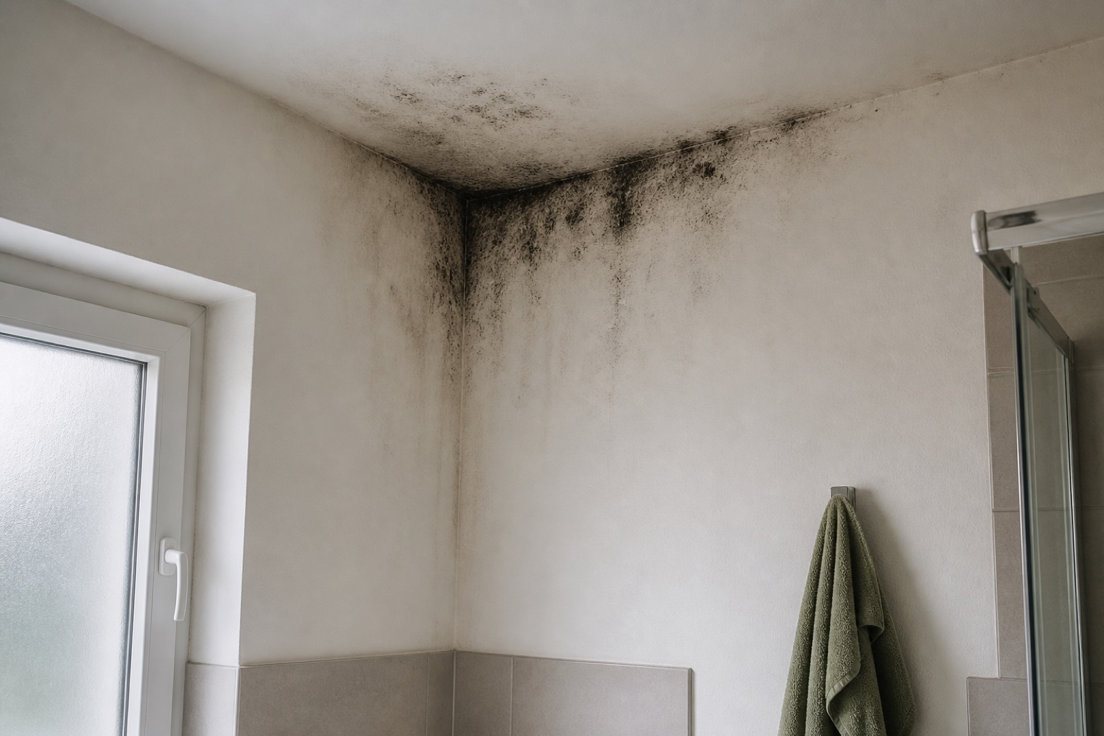 Parete del bagno con muffa prima del trattamento